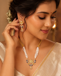 Royal White Pearl &amp; Blue Enamel Handmade Necklace Set with Earrings
