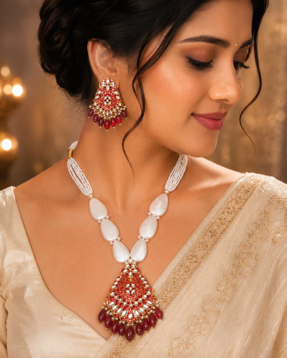 Royal Red Kundan Statement Pendant Necklace Set with White Beads