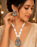 White Beaded;Statement Pendant Necklace Set with Blue Beads